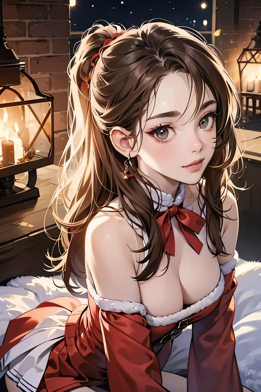 (masutepiece, Digital Art, Digital Illustration, 4K, 8K, Ultra-detailed, beautiful image, Sharp Image, Photorealistic, Raw photo, Perfect face, Perfect lines, Perfect eyes, Soft lighting) 1 woman, (lightbrown hair,Chignon hair in a high position,Innocent look,Lowered eyebrows,drooping eyebrows,drooing eyes,cute large eyes,natural make up,kindly smile,Round jaws,23 y-o woman:1.3),スーツ姿のハンサムなember性2人, (ember,ember性はスーツ姿,well-muscled,Firm shoulder width, emberの,Boyish hairstyle,English gentlemanly style,クールな表情の30代ember性,明るい笑顔の28歳ember性:1.2),(Nervous,be shy,sleepy,embarrassed from:1.2),innocent smiles,(embarrassed from,Shy smile:1.1),in front of a warm fireplace、Christmas、Christmasケーキ、Birthday Celebration、the kiss、a couple、a couplethe kiss、Romance、the kiss、Santa Cosplay、Christmasツリー、candles、bring a present、miniskirt santa costume、Boobs Porori、Fluffy costumes、Plug-ins、Genitals that are used to being squishy