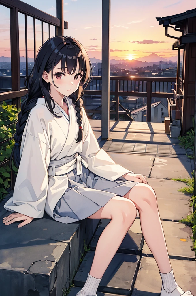 (Simple, pale watercolor), Masterpiece, (8K, highest quality), (Simple, pale watercolor), 1 cute girl, Japanese, braids, (Sunset: 1.2), (Sitting: 1.0), (Slight smile : 0.7), (Reinforced concrete school stairs: 1.0), (Knee up: 1.25), (Make: 0.1)