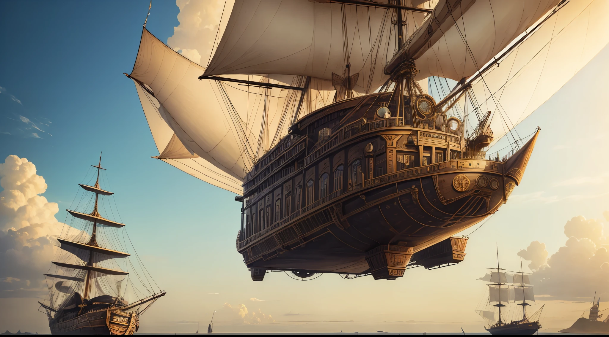 Steampunk, airship with sails in the sky