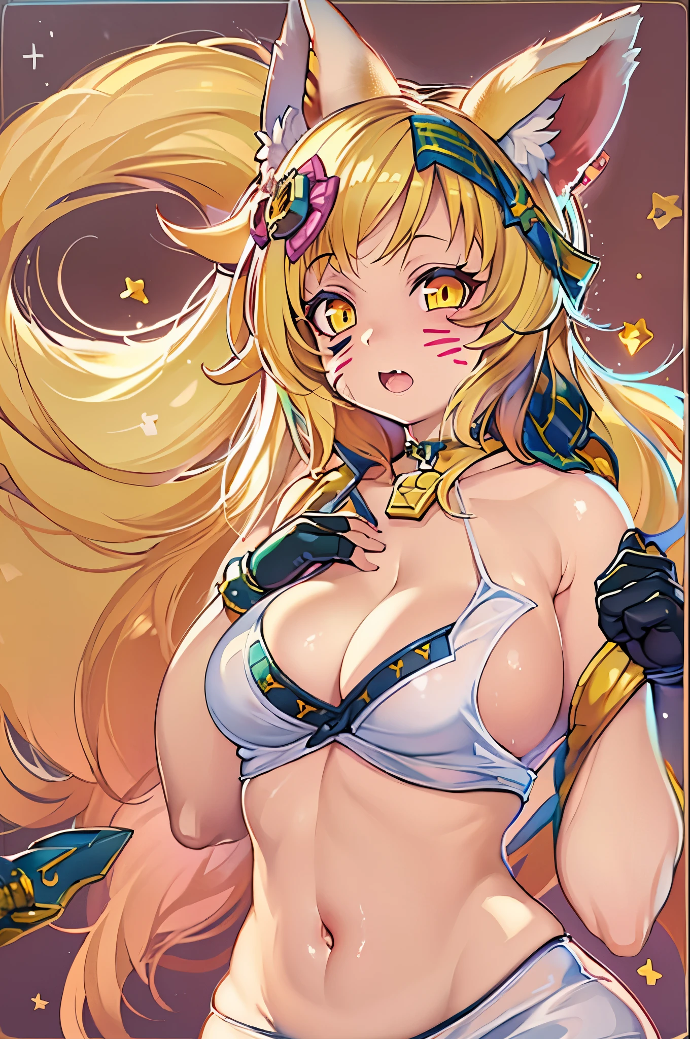 K/Da_ahri, 1girl in, ahri (League of Legends), breasts, Animal ears, Blonde hair, Solo, Fox ears, K/Da (League of Legends), Long hair, cleavage, tail, whisKer marKings, looKing at viewer, facial marK, choKer, large breasts, Bare shoulders, fox tail, Jewelry, Yellow eyes, Upper body, multiple tails, Bangs, shiny, 鎖骨, Covered navel, earrings