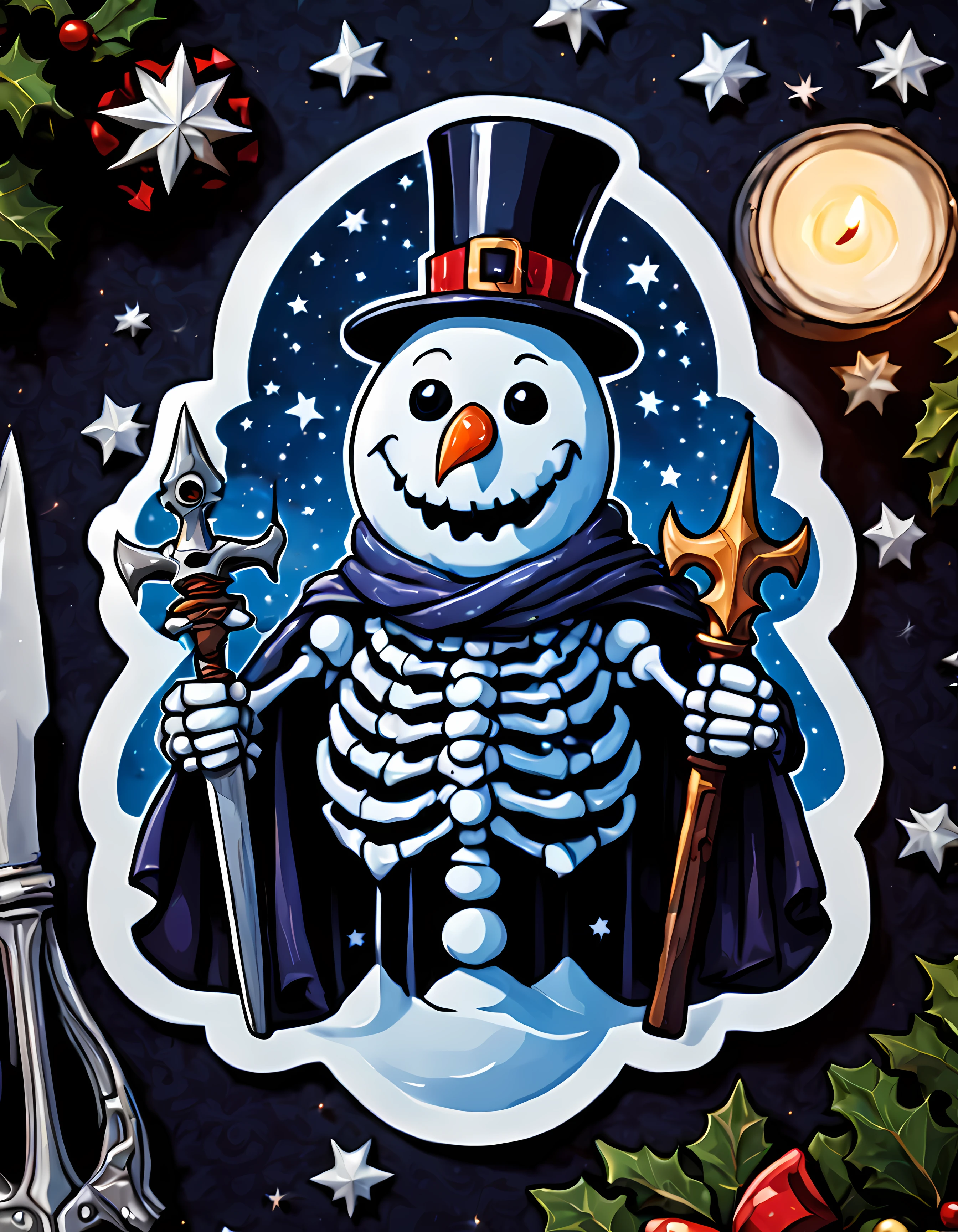 (Top-down view of a sticker lying on a Christmas table). | Masterpiece in maximum 16K resolution. | A sticker of a majestic tall menacing snowman with a ((skeletal)) face. | ((Holding a mystical Christmas weapon)). | It has deep hollow eyes and sinister grin. | Wearing the dark wizard attire. | (Gothic Christmas starry night with shimmering stars). | More_Detail