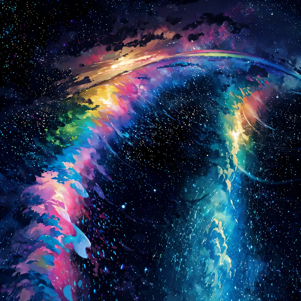 Iridescent sky,Painting clouds and rainbows, very colorful heavenly, Elegant rainbow rain cloud, Bright rainbow rain clouds, iridescent clouds, heavenly colors, on cosmic cloudscape, Sunny rainbow galaxy rough sea, Rainbow clouds, ethereal rainbows, iridescent clouds, 坐on cosmic cloudscape, Iridescent sky,The background is the stars in the sky, heavenly atmosphere