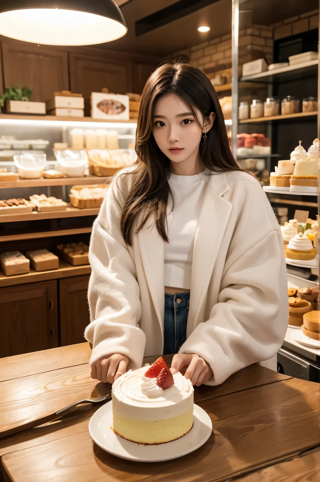 In the dessert shop,有人eating a cake,super real people,And skin details,The best composition,warmly lit,triangular composition,E-commerce poster,Realistic light and shadow,8K ultra-clear images,人物真实And skin details,Don’t want good-looking people,Character fully clothed,wear an outfit,The character wears a lot of clothes,Thick coat,eating a cake,normal fingers thin fingers,The movements are natural,normal real people