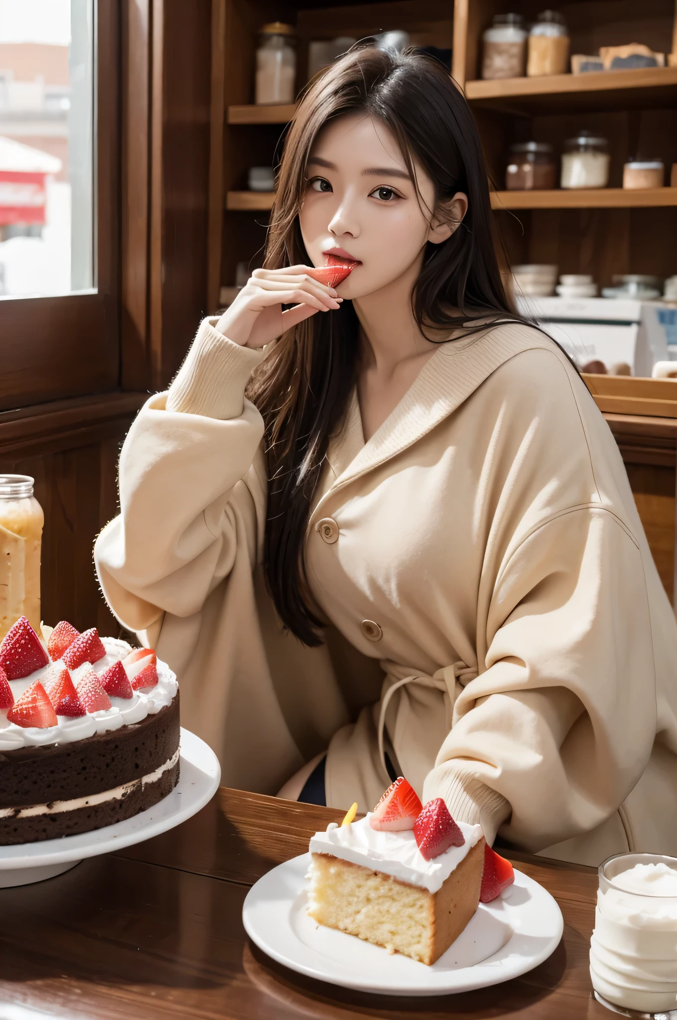 In the dessert shop，有人eating a cake，super real people，And skin details，The best composition，warm lights，triangular composition，E-commerce poster，Realistic light and shadow，8K ultra-clear images，人物真实And skin details，Don’t want good-looking people，Character fully clothed，Wear a set of clothes，Characters wear a lot of clothes，Thick coat，eating a cake，normal eye finger