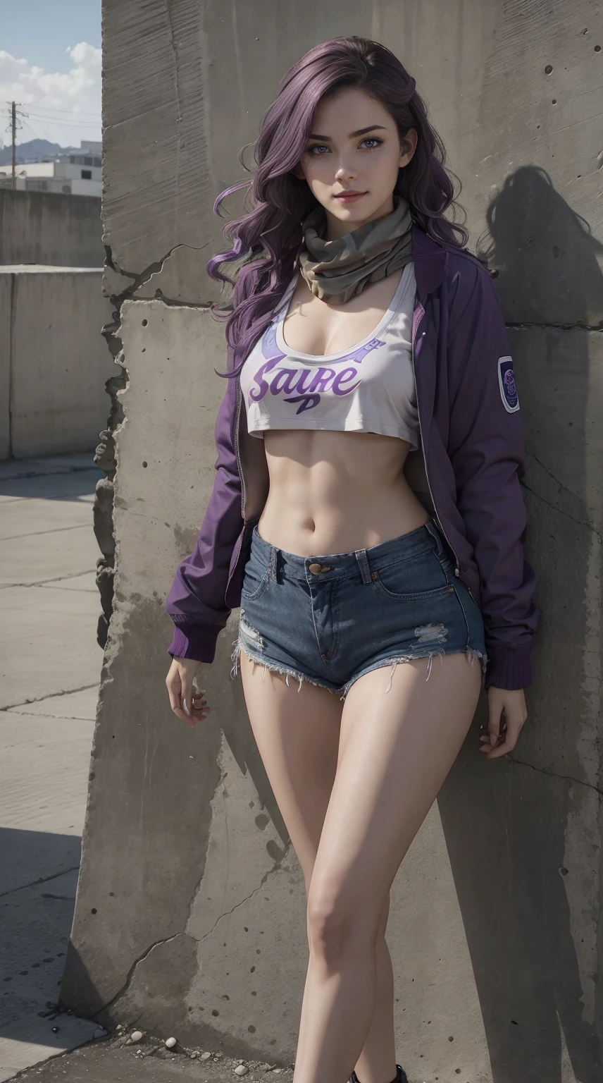 24-year-old Caucasian woman、Hair color is a gradation of brunette and purple、Hair is wavy、Eye color is blue、Longhaire、A slender、a smile、Beautiful breasts、My abs are cracked、I can see the navel、She is wearing a T-shirt that shows her underboob、I'm wearing a miniskirt、Wearing a jacket、I'm wearing pin heels、I'm in front of an old concrete wall、Wearing a scarf around your neck