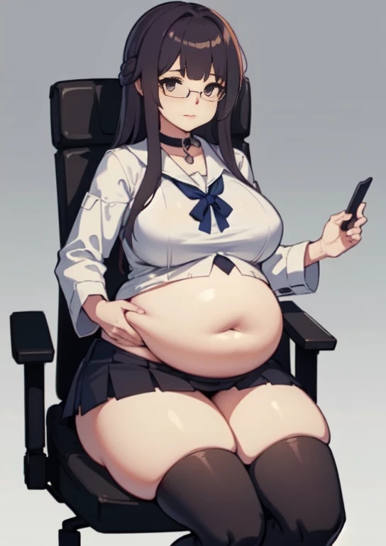 (masterpiece, best quality), 1girls, big belly, blurry background, huge belly, art by kipteitei, round belly, chubby, curvy, white button-up shirt, skirt, thighhighs, simple_background, gradient_background, belly bursting out of shirt, belly grab, enormous belly, fat belly, thicc, bigger belly, sitting on chair, really big belly, jiggly belly, shirt covering belly, belly cover by shirt, glasses