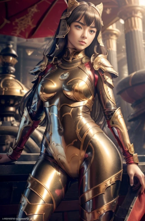 studio background, fundo simples, uma , latina face, brown skin, long natural brown hair, glamour, Stand up, maquiagem, Lips are soft or colored, , silhuetas fluidas, Stand Up, provocador, surprised facial expression, bashful, simple lighting and texture, fantasy elegant clothes, (((cameltoe)))