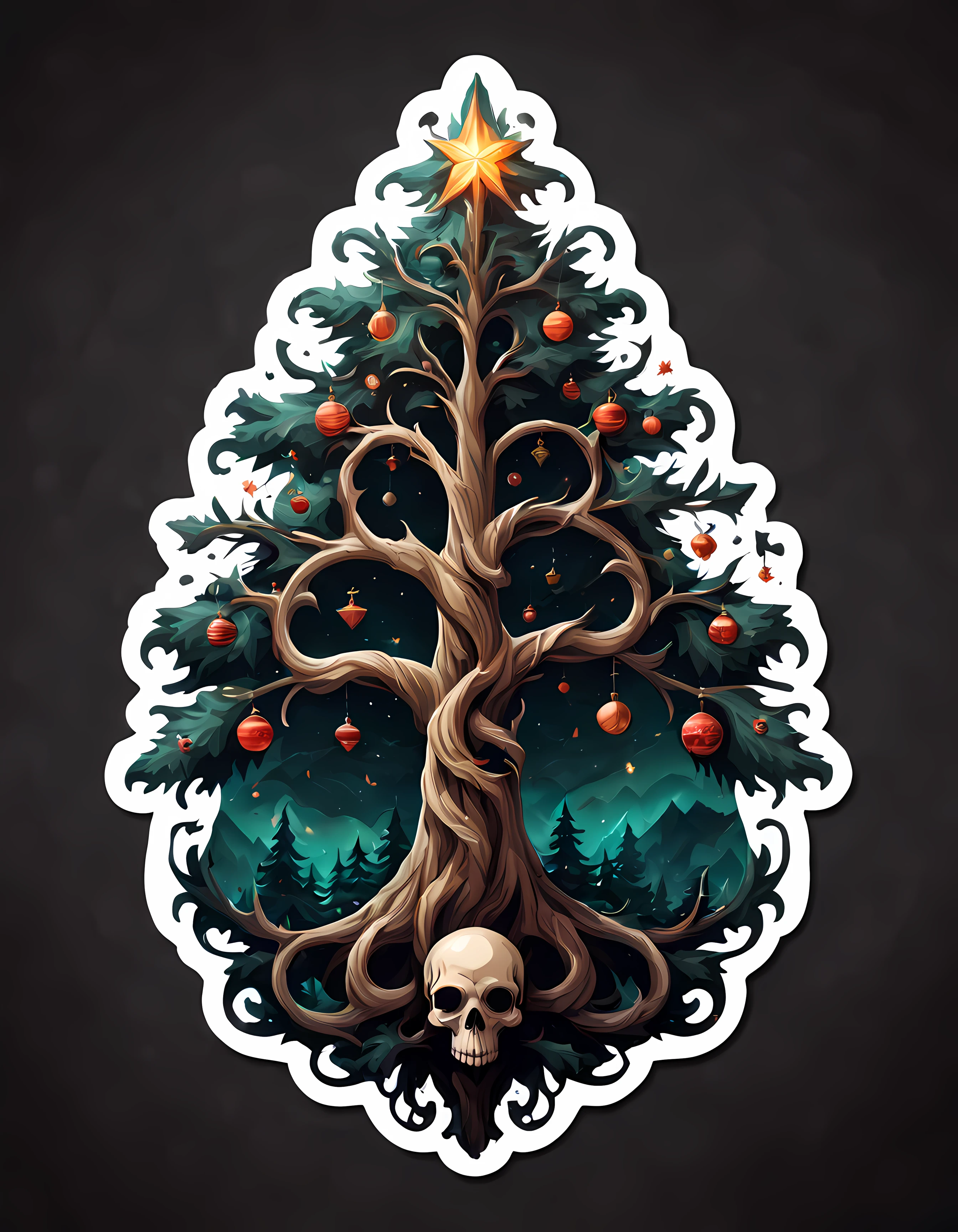 (Top-down view of a sticker). | Masterpiece in maximum 16K resolution. | A sticker of a majestic tall Christmas tree adorned with branches reaching out like twisted tendrils. | The tree has gothic ornaments such as intricately designed skulls, haunting bats, delicate spiderwebs. | Surrounded with an eerie glow, a sense of mystery and intrigue. | On a delicately decorated table. | More_Detail