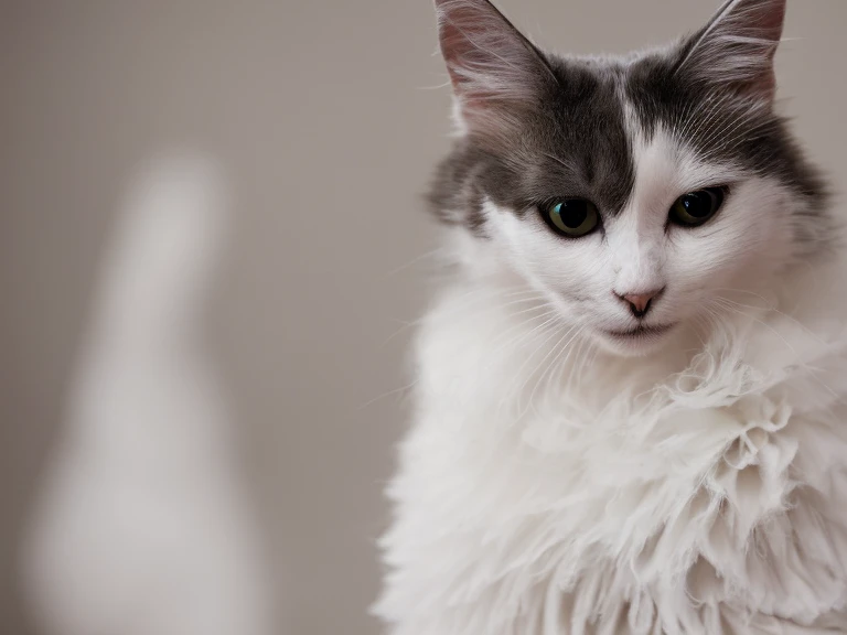 "Generate ultra-high-definition images of chic cats, A gray cat in a room, Use advanced macro photography techniques, fur, and expressive eyes, Create an intimate connection between the audience and the cat subject, Let the cat stand out clearly against a slightly blurred background, Improve lighting to emphasize the texture and contour of the cat's body, avec un soft, Remove harsh shadows, comfortable atmosphere, Scratch the cat in a relaxed position, But balanced, Show your flexibility and elegance. Try to capture moments in natural motion, Convey realism, Implement post-processing techniques to improve image clarity, contrast, and color balance, Protect every aspect, From the intricate patterns of cats to their intense gaze, Rendered in amazing detail. Convey the femininity and innate elegance of cats