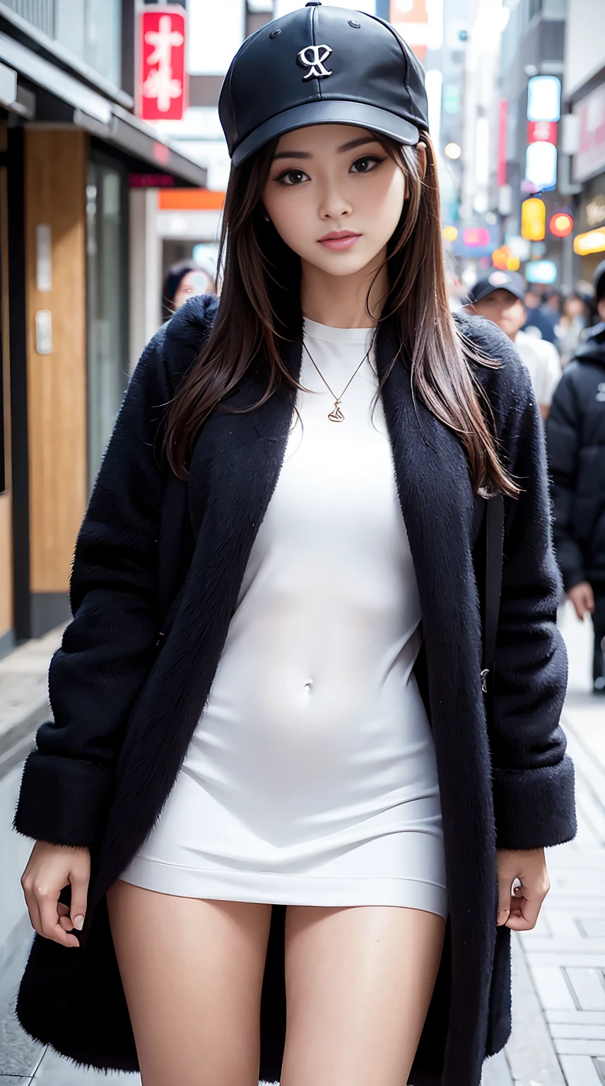 Best-quality, Masterpiece, Ultra-High-Resolution, (Photorealistic:1.4), Raw-Photo, Extremely-Details, Perfect-Anatomy, Ultra-Detailed, 1girl, the most famous Japanese actress, wearing black cap with cool design and black luxurious fur coat, quickly put on sunglasses that were in her hand, walking through Tokyo's main street, extremely beautiful face llike a most popular Japanese actress, extremely beautiful body, perfect proportion