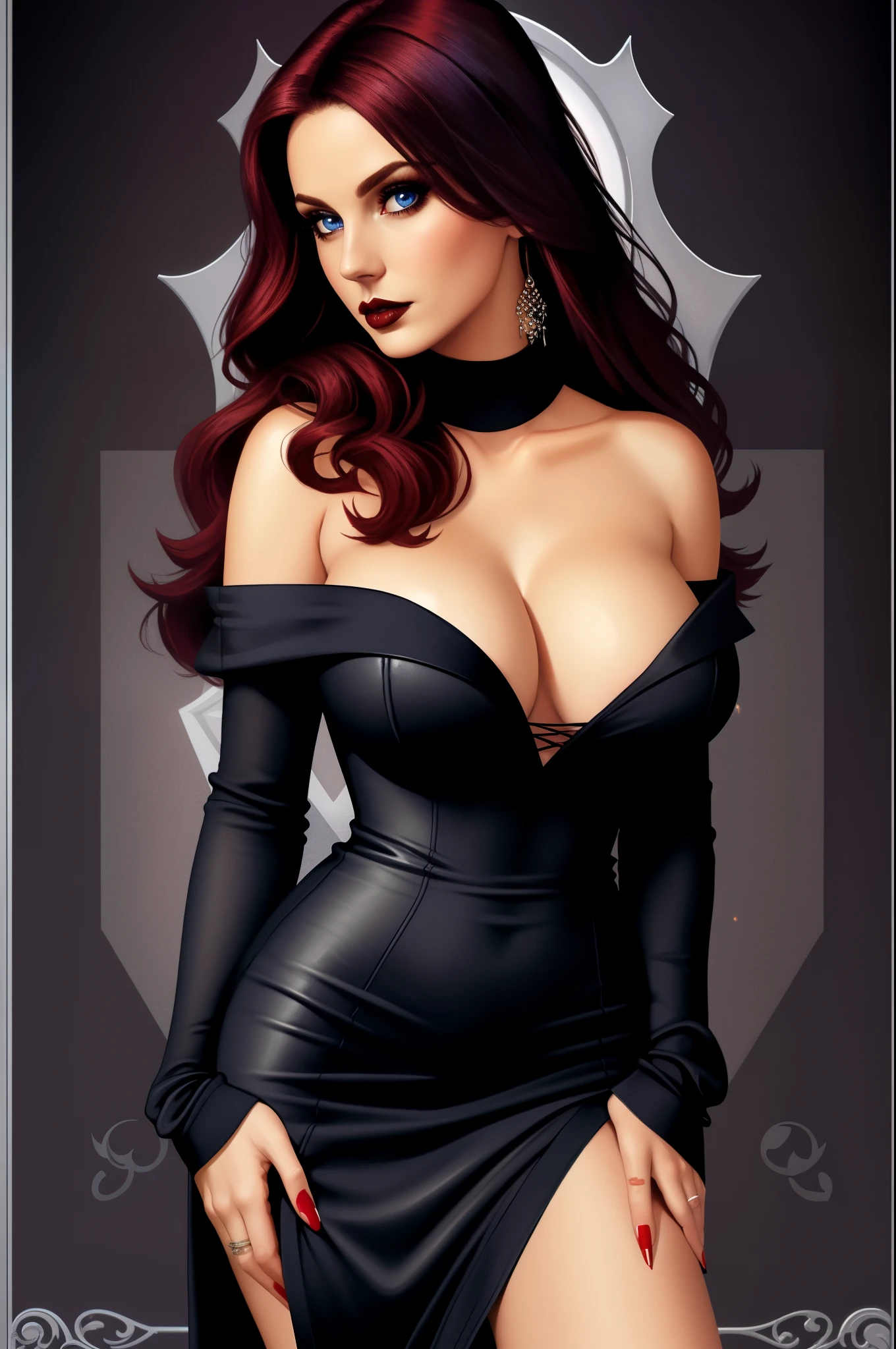 masterpiece, best quality, never saint, mature female, 1girl, solo, long hair, breasts, looking at viewer, blue eyes, crimson hair, dress, cleavage, bare shoulders, collarbone, thighs, nail polish, huge breasts, sweater, lips, strapless, makeup, lipstick, strapless dress, sweater dress, vampire, emo, goth