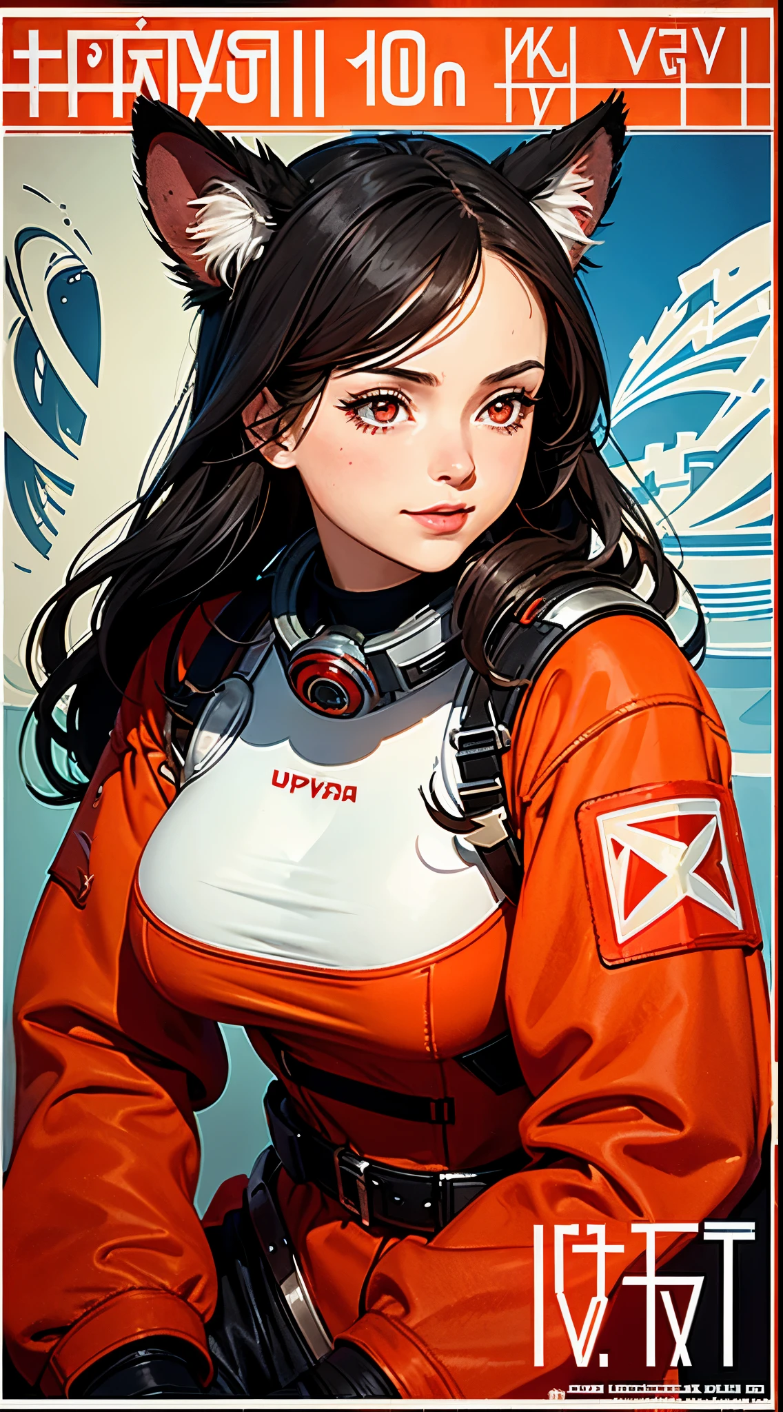 1girl,curvy_breasts, cute, beautiful detailed eyes, shiny hair, visible through hair, hairs between eyes, (Caucasian face, Europe face, eastern Europe girl), (USSR poster:1.5), (soviet poster), red monochrome, (soviet, communism, ((PROPAGANDA POSTER))), (black_hair), monster girl, cat girl, cat ears, cat tail, cat texture skin, smiling, (Red_eyes), text, letters, words, ((age)), (((furry))), good breasts, (wearing orange_spacesuit), gloves, shoes, helmet, ((the USSR red letters on the poster)), weightlessness, Side light, reflection, The person in the spacesuit is at the bottom left of the frame, The right hand is outstretched, Space station in the upper right corner of the screen, Reflected light from the sun, Silver metal, red flag, (USSR style), diffuse reflection, Metallic texture, ((alien planet background)), (pinup-girl, the sea of star on background), ((effect of old poster))
