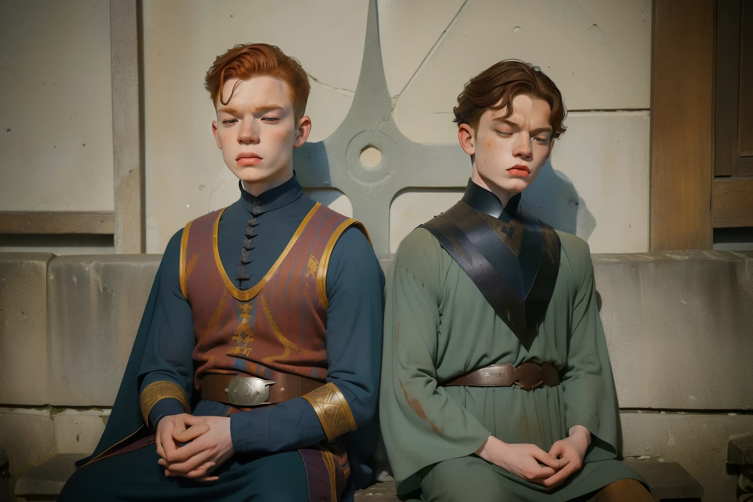 1141, Kingsbridge, England. otherworldly scene in a medieval monastery, ((((21-year-old)) Levi Miller and Cameron Monaghan)), sitting on a stone bench, ((sad and angry)), after a fight, bruised, black eye, hurt, ((((tunic from the 12th century)))), ((Hairstyle of the 12th century)), ((Wes Anderson cinematic style)), colorful