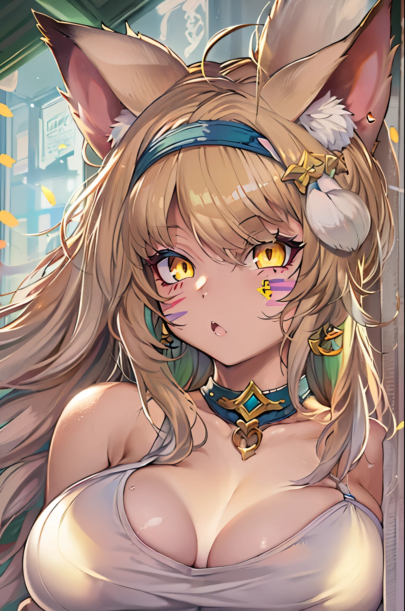 K/Da_ahri, 1girl in, ahri (League of Legends, Animal ears, Blonde hair, Solo, Fox ears, K/Da (League of Legends), Long hair, cleavage, tail, whisKer marKings, looKing at viewer, facial marK, choKer, Large breasts, Bare shoulders, fox tail, Jewelry, Yellow eyes, Upper body, multiple tails, Bangs, shiny, 鎖骨, Covered navel, earrings