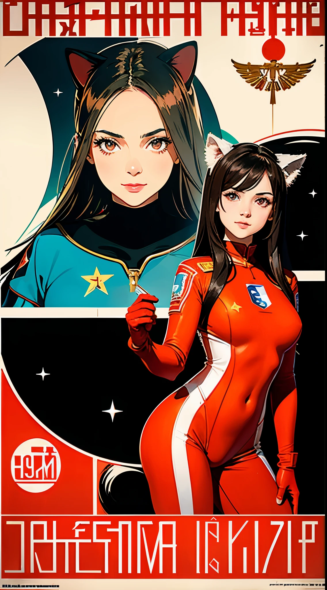 1girl,curvy_breasts, cute, beautiful detailed eyes, shiny hair, visible through hair, hairs between eyes, (Caucasian face, Europe face, eastern Europe girl), (USSR poster:1.5), (soviet poster), red monochrome, (soviet, communism, ((PROPAGANDA POSTER))), (black_hair), monster girl, cat girl, cat ears, cat tail, cat texture skin, smiling, (Red_eyes), text, letters, words, ((age)), (((furry))), good breasts, (wearing orange_spacesuit), gloves, shoes, helmet, ((the USSR red letters on the poster)), weightlessness, Side light, reflection, The person in the spacesuit is at the bottom left of the frame, The right hand is outstretched, Space station in the upper right corner of the screen, Reflected light from the sun, Silver metal, red flag, (USSR style), diffuse reflection, Metallic texture, ((alien planet background)), (pinup-girl, the sea of star on background), ((effect of old poster))
