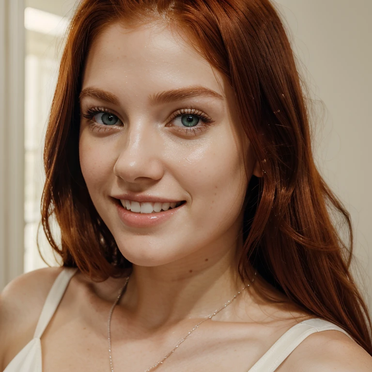 Red hair, freckles, smile, dark circles, white teeth, large chest, black dress, fair skin, 20 years old, thin nose, super detail, super detail, accurate, anatomically correct