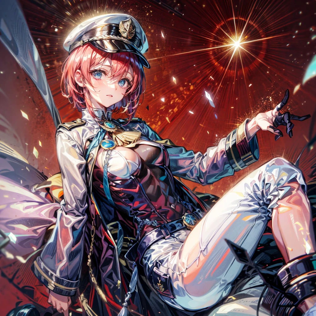 (((masterpiece)))、(((top-quality)))、((highly detailed unity 8kwall-paper))、(Illustration of one woman)、30-years old、(Viceroy)、((Red-haired shorthair))、(Thin hair hanging down both sides of the face)、Blue eyes、((Tall))、((Muscle Woman、stocky build、muscular legs、broad shoulders、solid chest))、((Military uniforms))、((Military Cap))、((Military coat))、(white clothes)、(White pants)、(White cap)、trench coat、((Inside the spaceship))