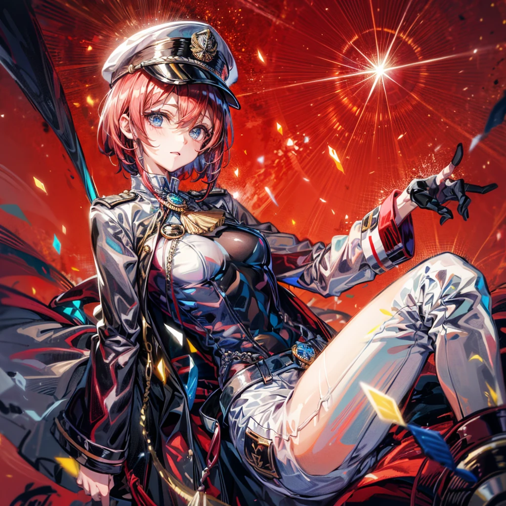 (((masterpiece)))、(((top-quality)))、((highly detailed unity 8kwall-paper))、(Illustration of one woman)、30-years old、(Viceroy)、((Red-haired shorthair))、(Thin hair hanging down both sides of the face)、Blue eyes、((Tall))、((Muscle Woman、stocky build、muscular legs、broad shoulders、solid chest))、((Military uniforms))、((Military Cap))、((Military coat))、(white clothes)、(White pants)、(White cap)、trench coat、((Inside the spaceship))