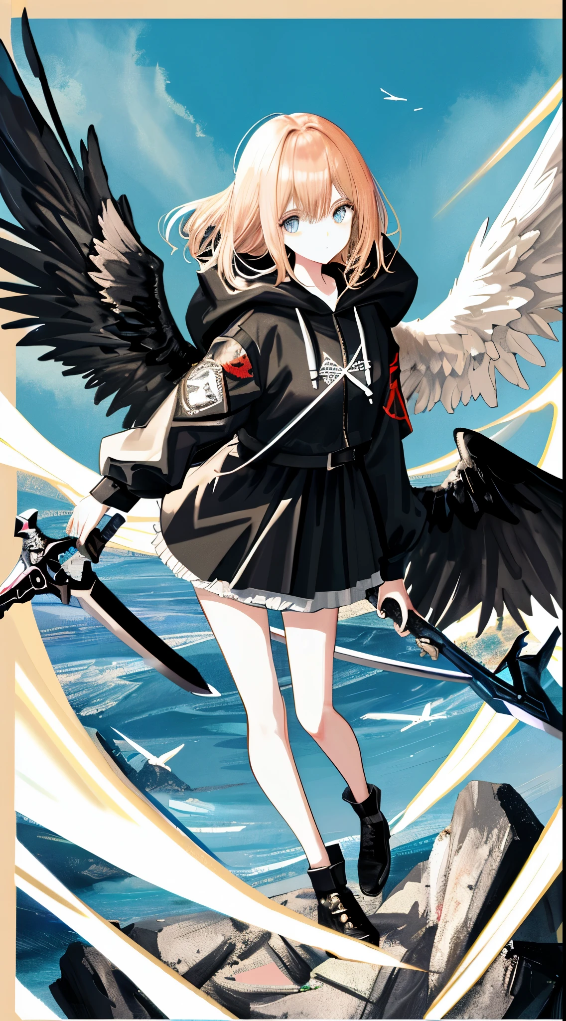 actual, 4K, Angels with big wings, Blackn clothes, one sword, Hood&#39;s War background picture (disarray)