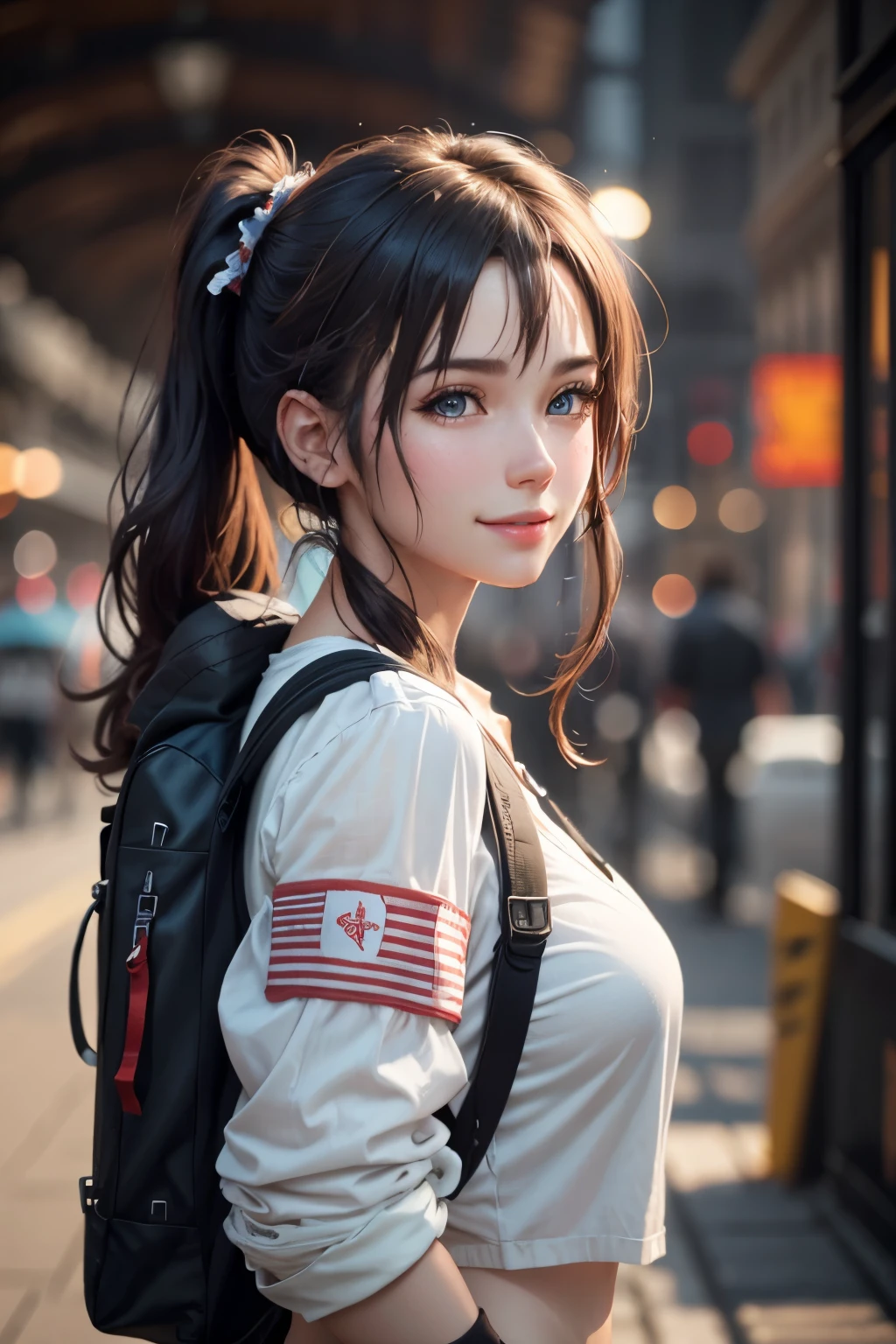 fashion style, masterpiece, best quality, 8k, artstation, sharp focus, (ultrarealistic:1.5), (high details:1.4), raw photo of a young woman, street smiling, backpack, ponytails, faded, complex stuff around, intricate background, soaking wet, (Cinematic:1.4),
