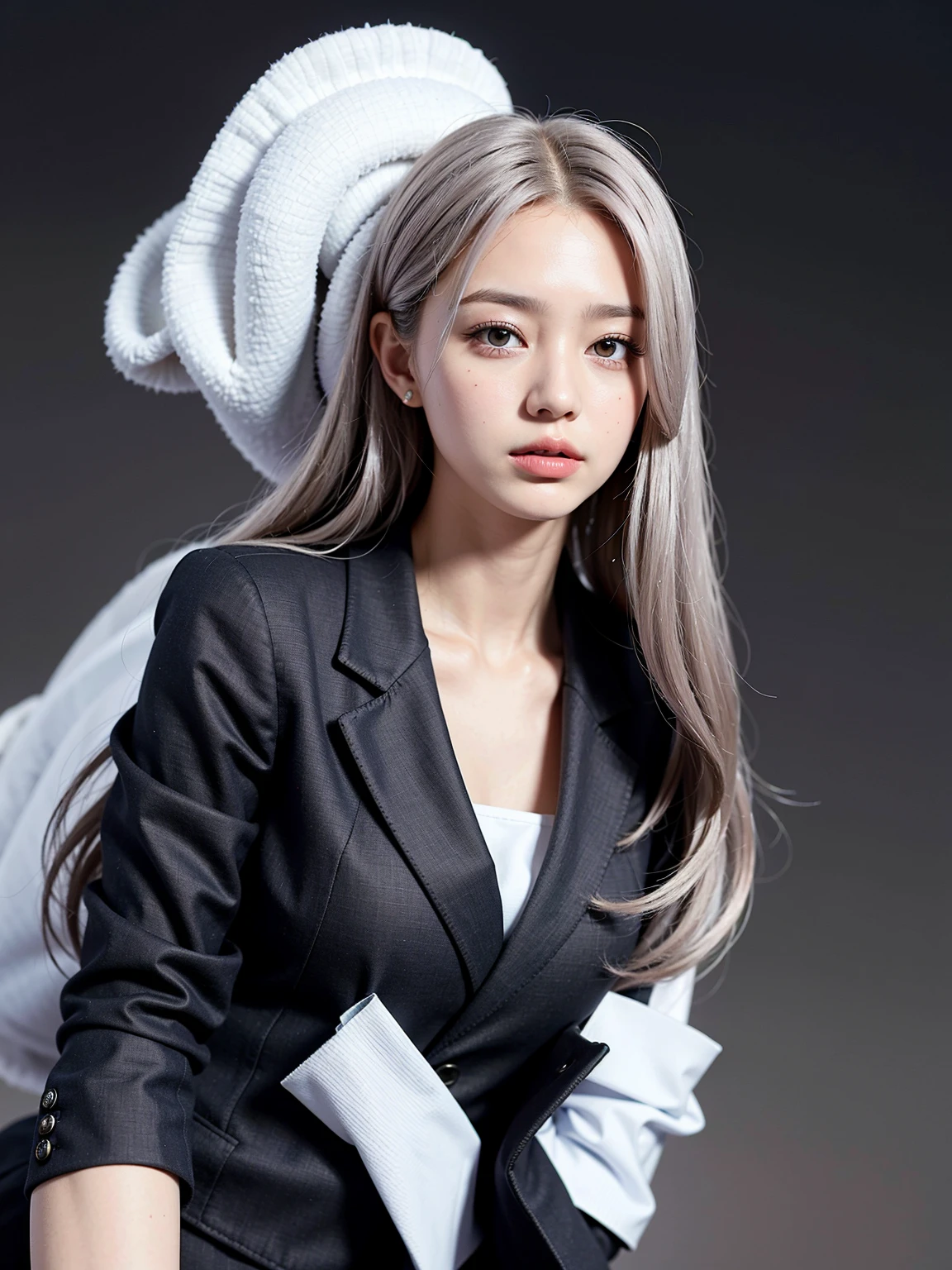 Highest quality, A beautiful woman, , 35mm lens, F/1, (The upper part of the body:1.3), (greybackground: 1.3), flatchest, (Blazer dress:1.3), wig, silber hair, Sideways, look up to