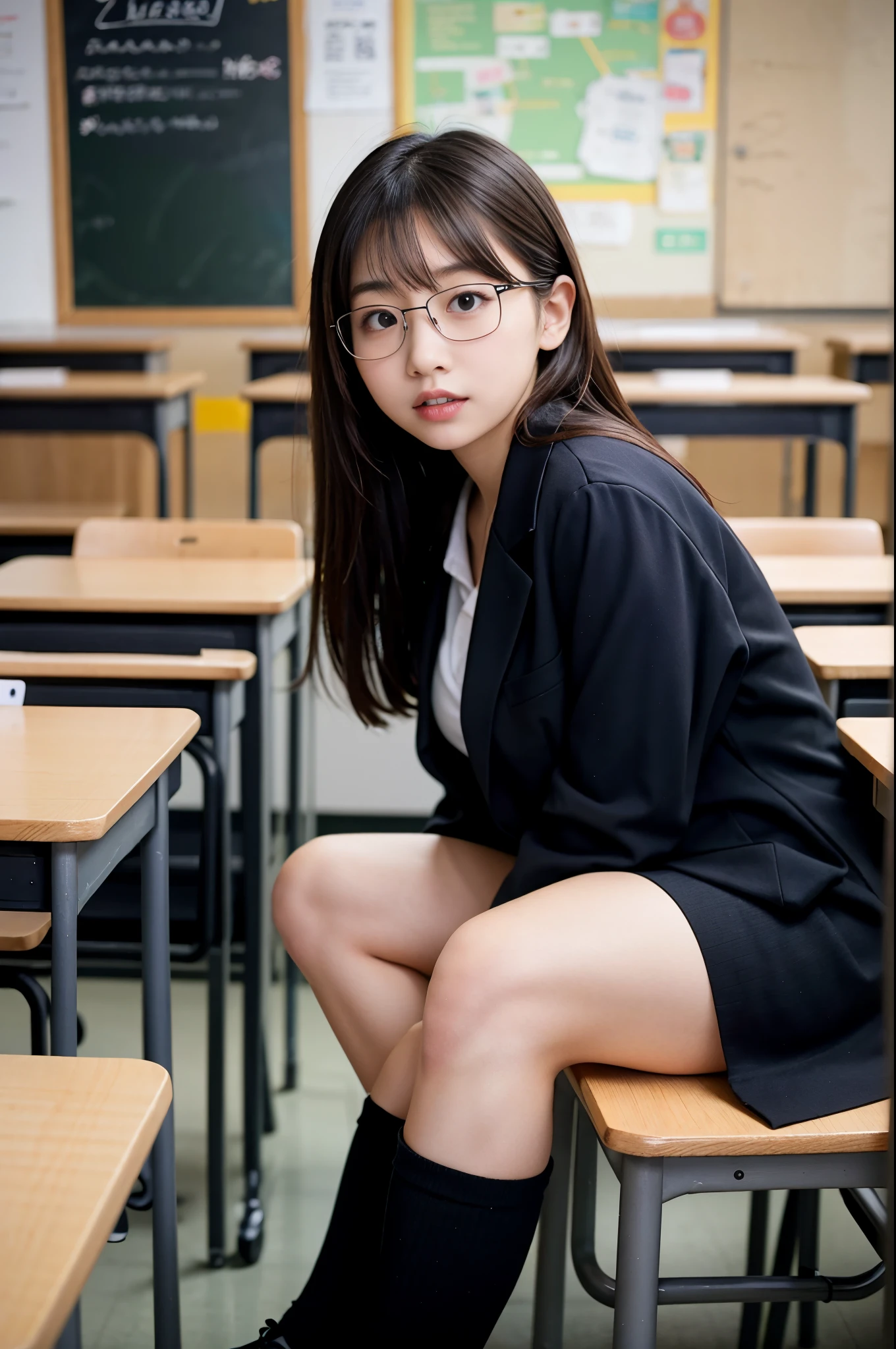 8K、Top image quality、masterpiece、夏天、Japanese high school girl meets friends in classroom。She was surprised、Black-rimmed square glasses、blazers、a miniskirt、lowfers、Short Bob、sideshot、Detailed eyes