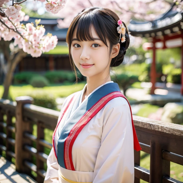 1girl,full body,contrapposto,Wearing an ornament on the head,(Japan Traditional Hair Set),silky smooth hair,kanzashi,japanese clothes,Kimono with gorgeous cherry blossom flower pattern,(Full-body photography from a distance:1.4),(Best Quality,4K,8K,hight resolution,masutepiece:1.2,Realistic,tre anatomically correct,Use natural light and color,),Ultra-realistic capture, Highly detailed, 人間の皮膚のhight resolution16kクローズアップ,Skin texture must be natural, Detailed enough to finely identify pores. Skin should look healthy, fine-grained white skin,medium breasts,Sharp Focus,In a uniform tone. ,Ultra-detailed,extremely detailed eye and face,Beautiful detailed eyes,Beautiful detailed lips,long eyelashes,Photorealistic:1.37,japanes,beautiful and magnificent composition,masutepiece,Attractive,Cute,Smiling cheerfully,(with round face),(Shrine of Japan),