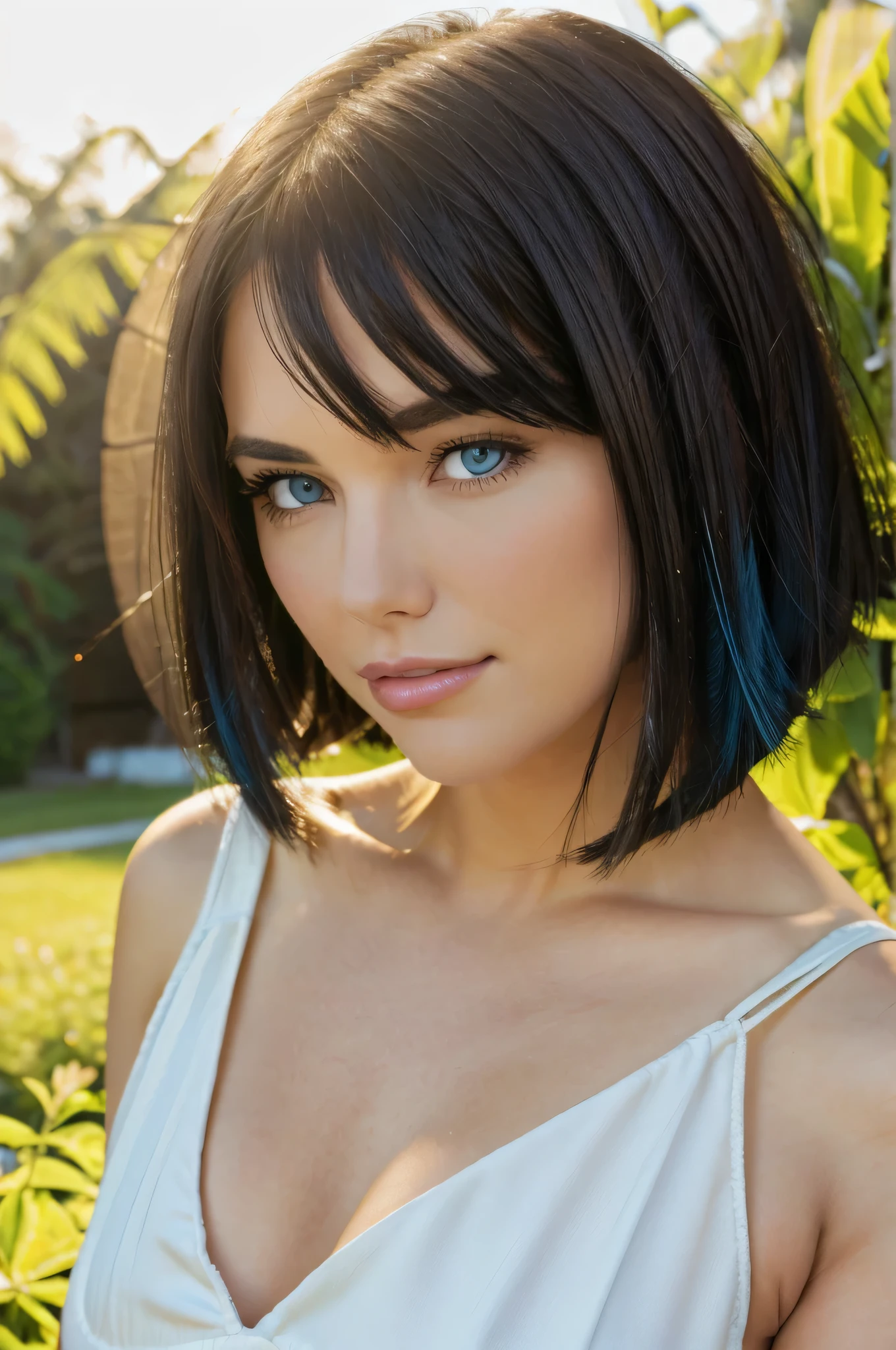 beautiful 30-year-old girl with  bob cut black hair and blue eyes. She should have a natural, approachable expression and be illuminated by soft, golden-hour sunlight. The background should be a scenic outdoor setting, perhaps a sunlit park or beach. Capture this image with a high-resolution photograph using an 85mm lens for a flattering perspective. posing sexy, in white low cut top