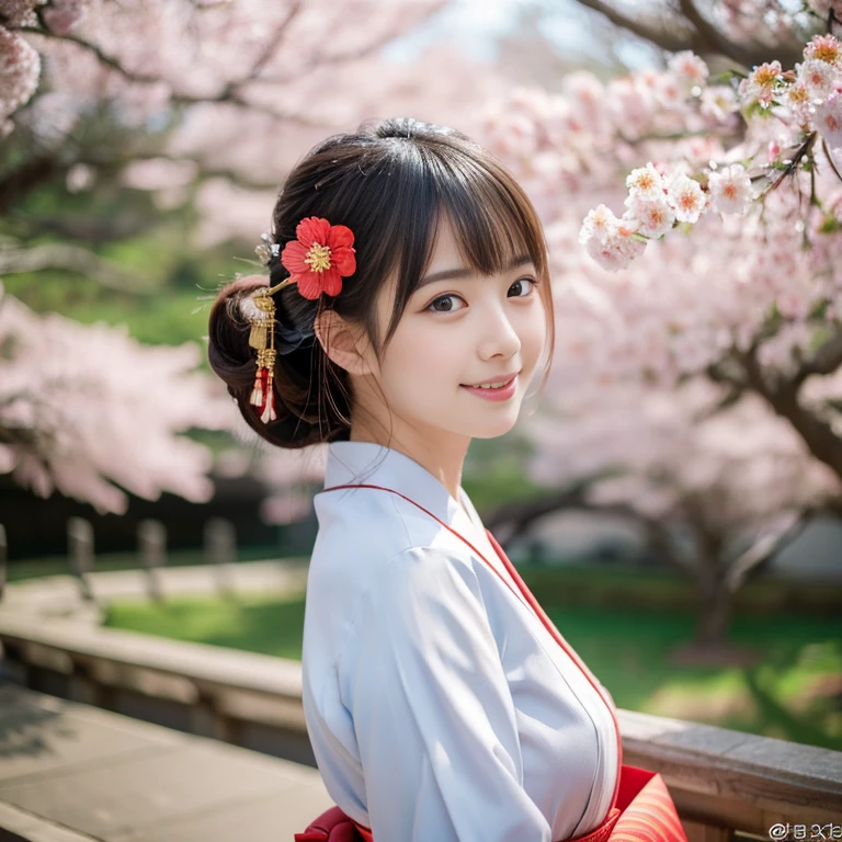 foot focus,1girl,full body,contrapposto,Wearing an ornament on the head,(Japan Traditional Hair Set),silky smooth hair,kanzashi,japanese clothes,Kimono with gorgeous cherry blossom flower pattern,(Full-body photography from a distance:1.4),(Best Quality,4K,8K,hight resolution,masutepiece:1.2,Realistic,tre anatomically correct,Use natural light and color,),Ultra-realistic capture, Highly detailed, 人間の皮膚のhight resolution16kクローズアップ,Skin texture must be natural, Detailed enough to finely identify pores. Skin should look healthy, fine-grained white skin,medium breasts,Sharp Focus,In a uniform tone. ,Ultra-detailed,extremely detailed eye and face,Beautiful detailed eyes,Beautiful detailed lips,long eyelashes,Photorealistic:1.37,japanes,beautiful and magnificent composition,masutepiece,Attractive,Cute,Smiling cheerfully,(with round face),(Shrine of Japan),