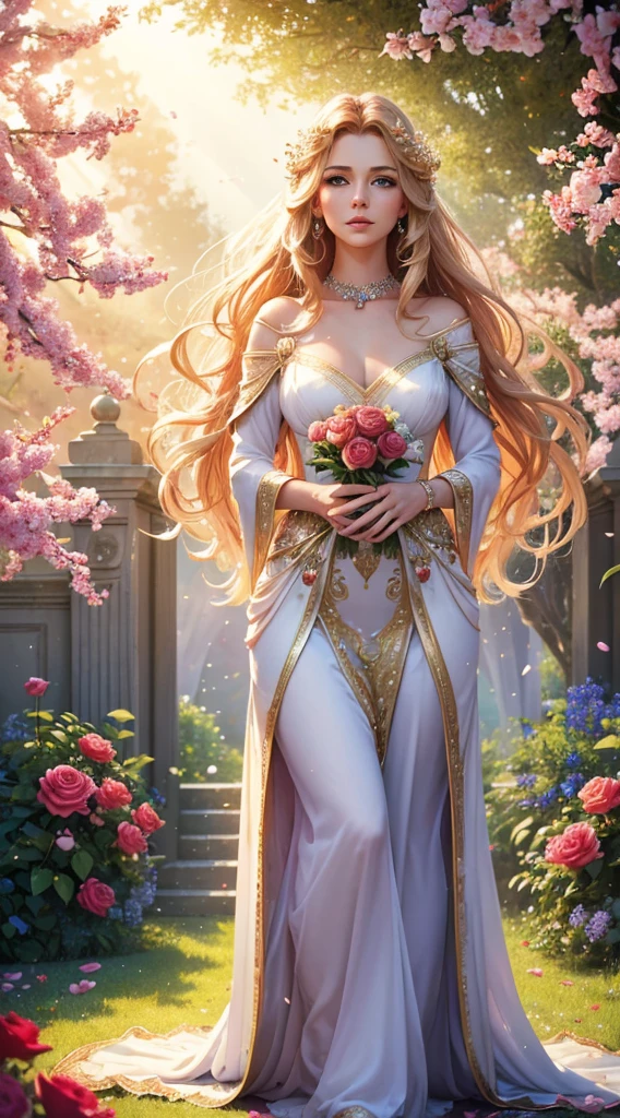 (best quality,4k,8k,highres,masterpiece:1.2),ultra-detailed,realistic,breathtaking goddess of love,divine beauty,angelic features,heavenly radiance,flowing golden hair,mesmerizing blue eyes,soft and delicate skin,lips as red as rose petals,her elegant gown adorned with delicate lace and shimmering beads,standing in a lush garden filled with vibrant flowers and blooming trees,her presence evoking a sense of love and passion,as gentle sunlight filters through the leaves,casting a warm golden glow over her,creating a magical atmosphere,exuding an aura of elegance and grace,with every step she takes,she emanates love and compassion,her divine wings gently unfurled,as if ready to take flight and spread love to the world,colors of the scene are vibrant and saturated,with a soft pastel color palette,bringing an ethereal and dream-like quality to the composition,soft diffused lighting adds to the heavenly ambiance,creating an otherworldly effect.