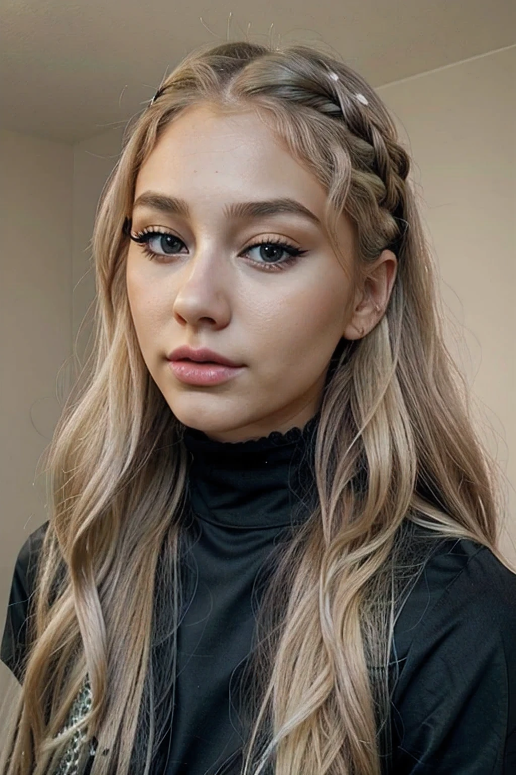 Sarah a Scandinavian woman, (european doll 1.5),30 years old, long blond wavy hair, (light green eyes:light blue eyes:0.7), she has a turm-up nose, (looks like Ariana Grande 1.5), (no eyes bags 2.5), she has a (full face make up 1.05)