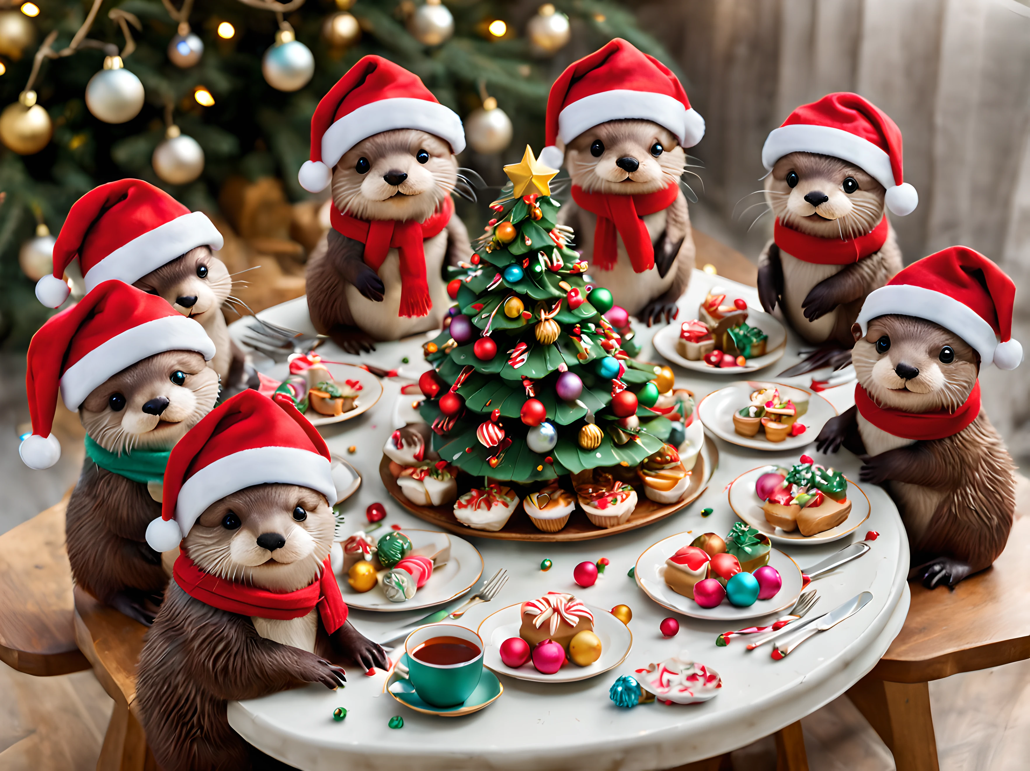 (sticker). | Masterpiece in maximum 16K resolution. | (Otters dressed in Santa hats and scarves, gathered around a beautifully decorated table). | The table has miniature Christmas trees, colorful baubles, twinkling fairy lights, a plater of delicious holiday treats. | The penguins are happily interacting with the decorations. | More_Detail
