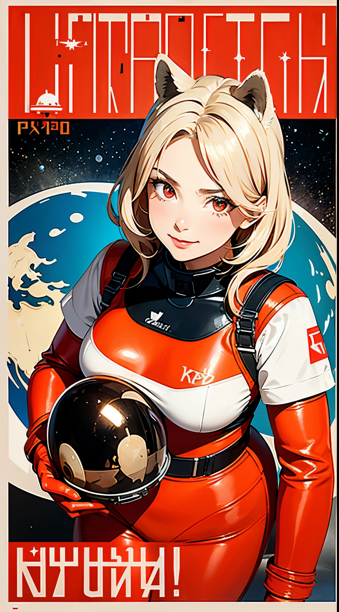1girl,curvy_breasts, cute, beautiful detailed eyes, shiny hair, visible through hair, hairs between eyes, (Caucasian face, Europe face, eastern Europe girl), (USSR poster:1.5), (soviet poster), red monochrome, (soviet, communism, ((PROPAGANDA POSTER))), (black_hair), monster girl, bear girl, bear ears, bear tail, bear texture skin, smiling, (Red_eyes), text, letters, words, ((age)), (((furry))), good breasts, (wearing orange_spacesuit), gloves, shoes, helmet, ((the USSR red letters on the poster)), weightlessness, Side light, reflection, The person in the spacesuit is at the bottom left of the frame, The right hand is outstretched, Space station in the upper right corner of the screen, Reflected light from the sun, Silver metal, red flag, (USSR style), diffuse reflection, Metallic texture, ((alien planet background)), (pinup-girl, the sea of star on background), ((effect of old poster))