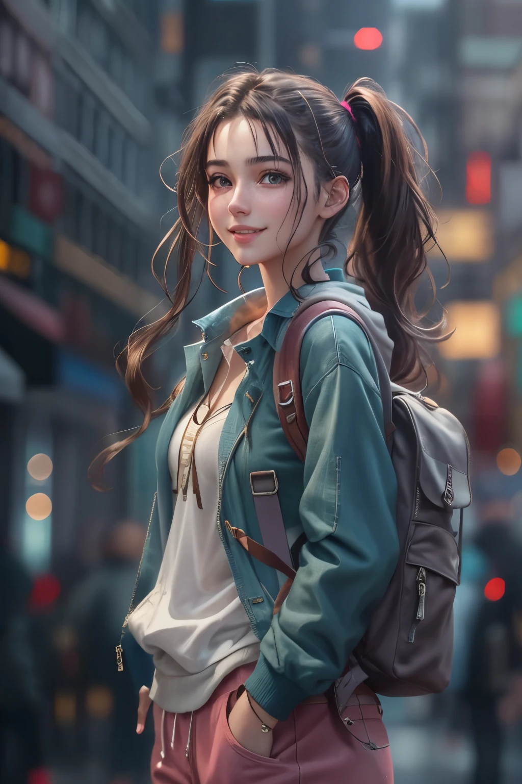 fashion style, masterpiece, best quality, 8k, artstation, sharp focus, (ultrarealistic:1.5), (high details:1.4), raw photo of a young woman, street smiling, backpack, ponytails, faded, complex stuff around, intricate background, soaking wet, (Cinematic:1.4),