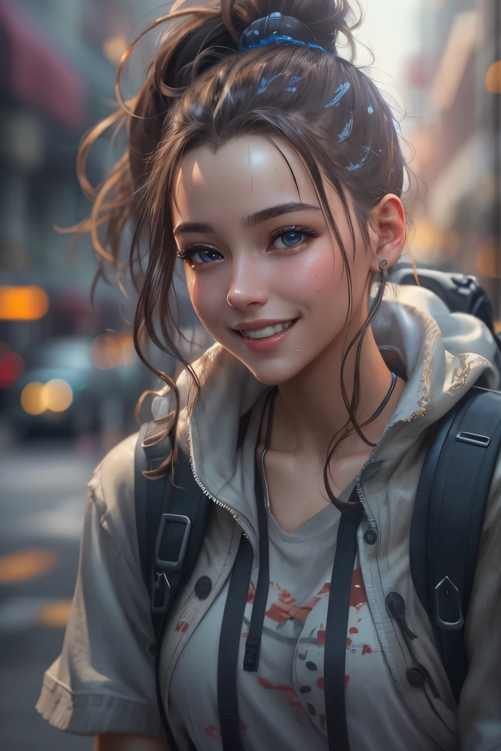 fashion style, masterpiece, best quality, 8k, artstation, sharp focus, (ultrarealistic:1.5), (high details:1.4), raw photo of a young woman, street smiling, backpack, ponytails, faded, complex stuff around, intricate background, soaking wet, (Cinematic:1.4),