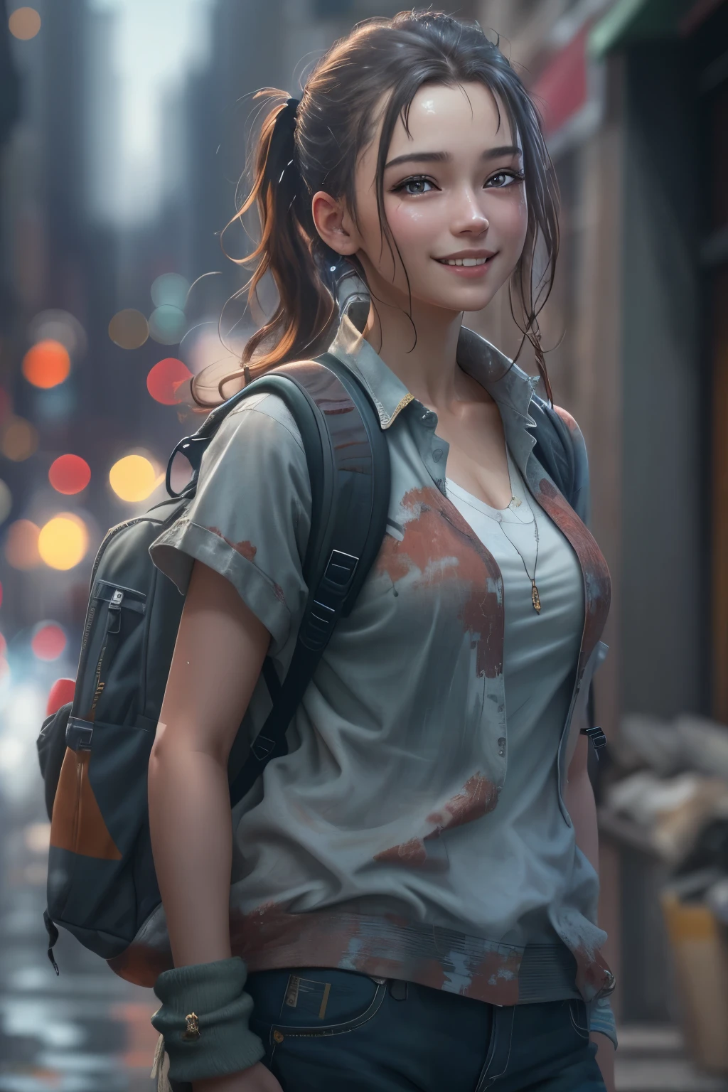 fashion style, masterpiece, best quality, 8k, artstation, sharp focus, (ultrarealistic:1.5), (high details:1.4), raw photo of a young woman, street smiling, backpack, ponytails, faded, complex stuff around, intricate background, soaking wet, (Cinematic:1.4),