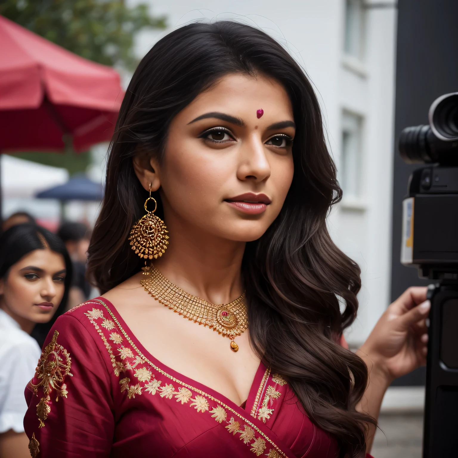 (selfie plan 1.4)portrait of A confident-looking indian woman princess with long flowing hair, hazel eyes, Smiling, walking, looking front, jewellary color red, Red lawn color, covering both shoulders, Coffee shop background, bokeh perfect composition, hyperrealistic, super detailed, talking on mobile, 8k, high quality, trending art, trending on artstation, sharp focus, photo shoot, intricate details, highly detailed, art by greg rutkowski a small smile on her face. she is looking directly into the camara.