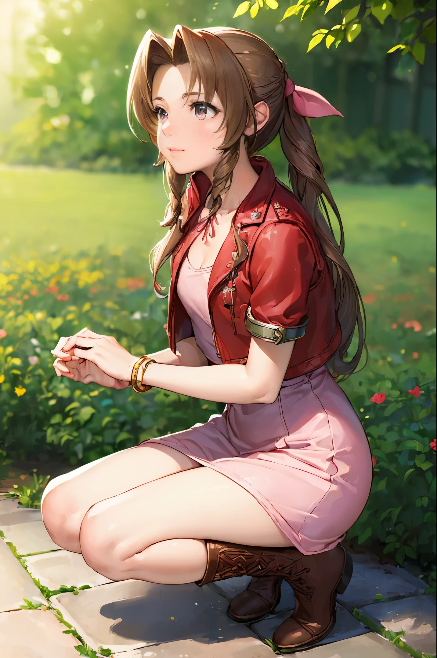 (masterpiece:2.0), solo, ((((aerith gainsborough, red cropped jacket, hair bow, bracelet, pink dress, brown boots)))), , from_side, cowboy shot, squatting with knees close together,flower , (finely detailed:1.7), (beautiful and clear background), ((outdoors, A beautiful garden bursting with flowers of various colors)) , (shiny_skin:1.3), nice hands, perfect hands, smile, , extremely and best quality, extremely and ultra detailed, beautiful detailed eyes, Very detailed CG unified 8k wallpaper, extremely detailed CG unity 8k wallpaper, extremely detailed CG unity 8k, extremely delicate and beautiful girl, ultra-detailed, (perfect anatomy), (high detail), (high quality), (high resolution), (beautiful detailed face), (ultra detaild background), beautiful and clear background,aerith gainsborough