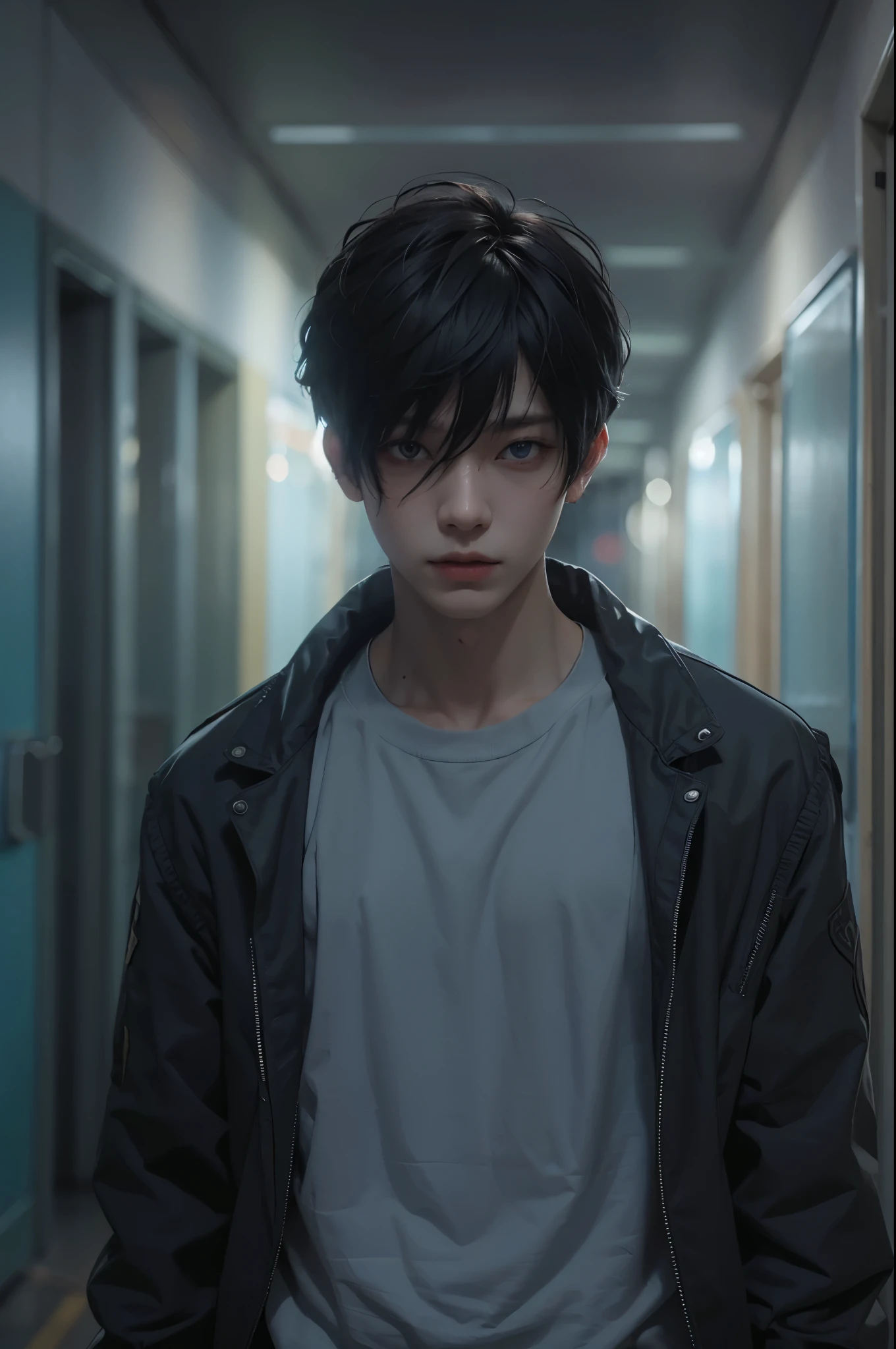 1 boy,psychopath,身穿psychopath的服装,Close-up of the upper body,Different colors of eyes have different colors,delicated face,Dark mental hospital corridor background,Alone,Best quality at best,tmasterpiece,8K,unreal 5 render