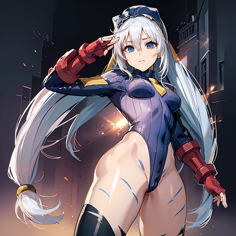 ultra-detailed, Explicit, Beautiful body, Beautiful Nose, Beautiful character design, perfect eyes, perfect face, ultra highres, 4K, beautiful legs, perfect legs, Nice hands, Perfect hand, Masterpiece, Best Quality, Highly detailed, illustration, absurdres, street fighter, doll suit, shadaloo doll, dollsuit, expressionless, blank eyes, looking at viewer, red gloves, emotionless, black latex, corrution, mind control, female combatant, full body, hypnotized, unhappy trance, full body suit, ribbed bodysuit, both arms at side, obey, perfect female body, extremely glossy latex, hypnosis, hypnoLora, empty eyes, Mind control device, poses, submissive_pose, Slave, hat, necktie, stand up straight, standing, standing at attention, hat, necktie, belt, latex, ribbed bodysuit, thighhighs, garter belt, Fighting Stance, extending the right arm from the shoulder into the air with a straightened hand, nazi saluting, military, military saluting, salute, thigh boots, 1girl, Eris, KonoSuba: God's Blessing on This Wonderful World!, white hair, long hair, blue eyes