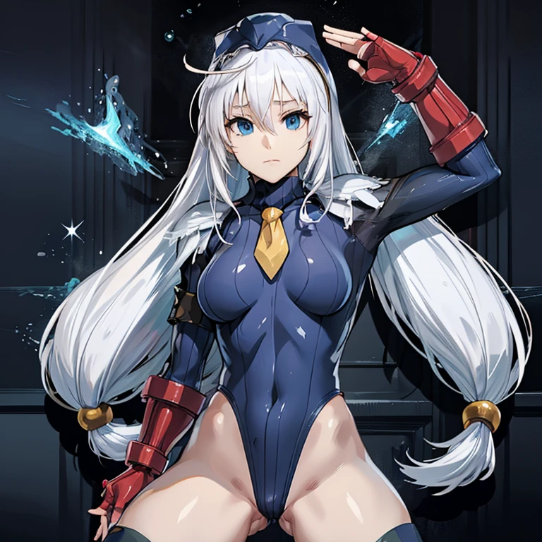 ultra-detailed, Explicit, Beautiful body, Beautiful Nose, Beautiful character design, perfect eyes, perfect face, ultra highres, 4K, beautiful legs, perfect legs, Nice hands, Perfect hand, Masterpiece, Best Quality, Highly detailed, illustration, absurdres, street fighter, doll suit, shadaloo doll, dollsuit, expressionless, blank eyes, looking at viewer, red gloves, emotionless, black latex, corrution, mind control, female combatant, full body, hypnotized, unhappy trance, full body suit, ribbed bodysuit, both arms at side, obey, perfect female body, extremely glossy latex, hypnosis, hypnoLora, empty eyes, Mind control device, poses, submissive_pose, Slave, hat, necktie, stand up straight, standing, standing at attention, hat, necktie, belt, latex, ribbed bodysuit, thighhighs, garter belt, Fighting Stance, extending the right arm from the shoulder into the air with a straightened hand, nazi saluting, military, military saluting, salute, thigh boots, 1girl, Eris, KonoSuba: God's Blessing on This Wonderful World!, white hair, long hair, blue eyes