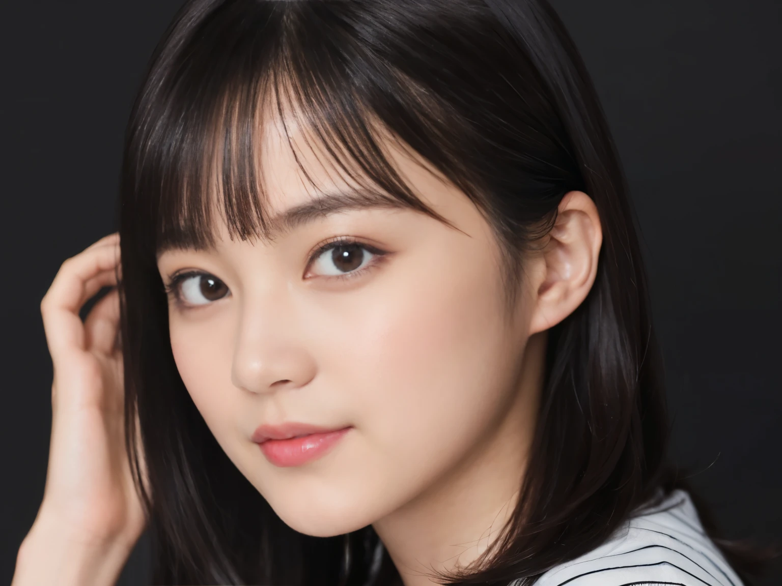 ((1womanl)), (((Black Shorthair))), (masuter piece:1,3)、top-quality、masterpiece、hight resolution、Original、highly detailed wallpaper、jeans、(Tie your hair with a large ribbon), (A slight smil)、a small face、(Graphic T-shirt with animal characters printed)、(Light on Face)、Live-action style, Beautiful facial features, darkened room, full-shot, full length