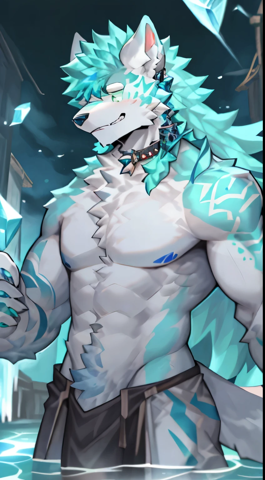 the only person，hairy pubic，Human biology，Male white wolf，grey fur，Gray tail，White ear bleeding - green eyes，Muscle tissue，male people，（The hairy pubic feeling of animal earull bodyesbian，Blue pick dye，Collar，Loincloth，blue tattoo， crystal tattoo，wave tattoo，Long hair，hot spring，jade，hisui，emerald，diamond，Crystal Cave，crystal claws，Claws