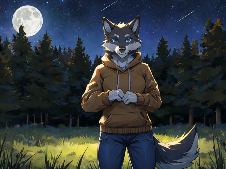 Masterpiece, Best quality, 1 wolf furry anthro girl, grey wolf furry, blue eyes, wear brown hoodie with farmer pants, in the forest, Night, stars in the sky, Full Moon