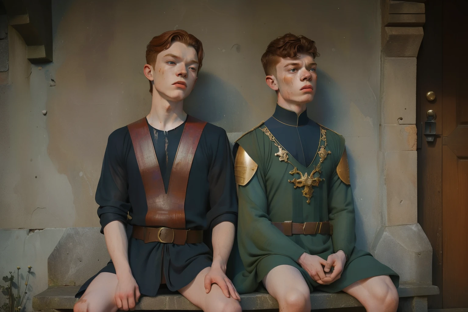 1142, Kingsbridge, England. otherworldly scene in a medieval monastery, ((((21-year-old)) Levi Miller and Cameron Monaghan)), sitting on a stone bench, ((angry expression)), after a fight, bruised, black eye, hurt, ((((tunic from the 12th century)))), ((Hairstyle of the 12th century)), ((Wes Anderson cinematic style)), colorful