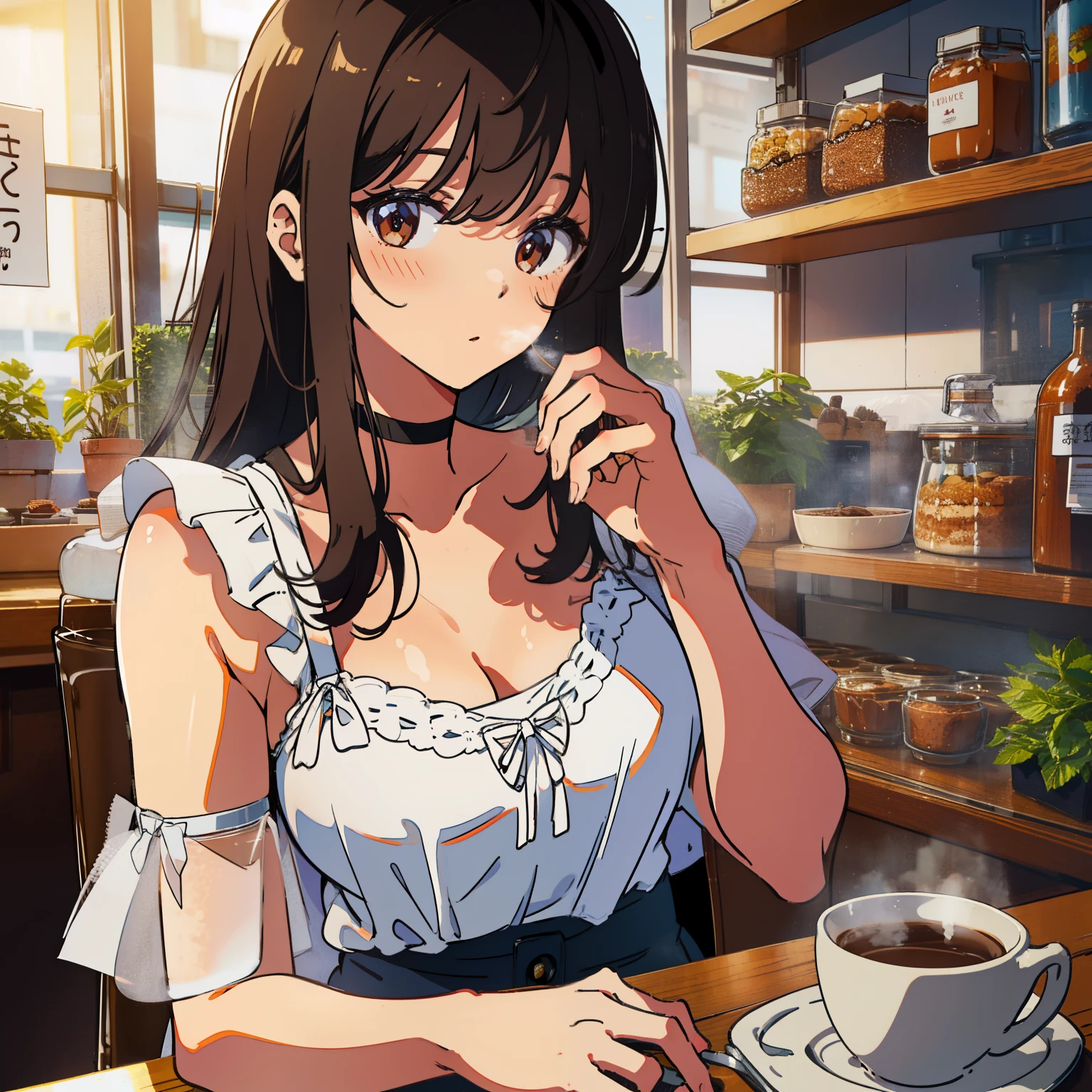 Best quality, A high resolution, Anatomically correct, super detailing，cafe shop，one-girl，extremely cute，face flushed，Slightly drunk，Coffee on hand