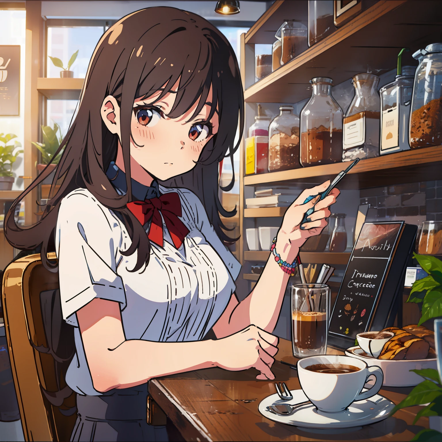 Best quality, A high resolution, Anatomically correct, super detailing,cafe shop,one-girl,extremely cute,face flushed,Slightly drunk,Coffee on hand