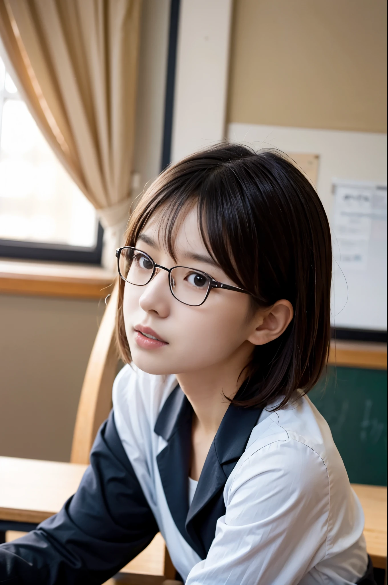 8K、Top image quality、masterpiece、夏天、Japanese high school girl meets friends in classroom。She was surprised、Black-rimmed square glasses、blazers、a miniskirt、lowfers、Short Bob、sideshot、Detailed eyes