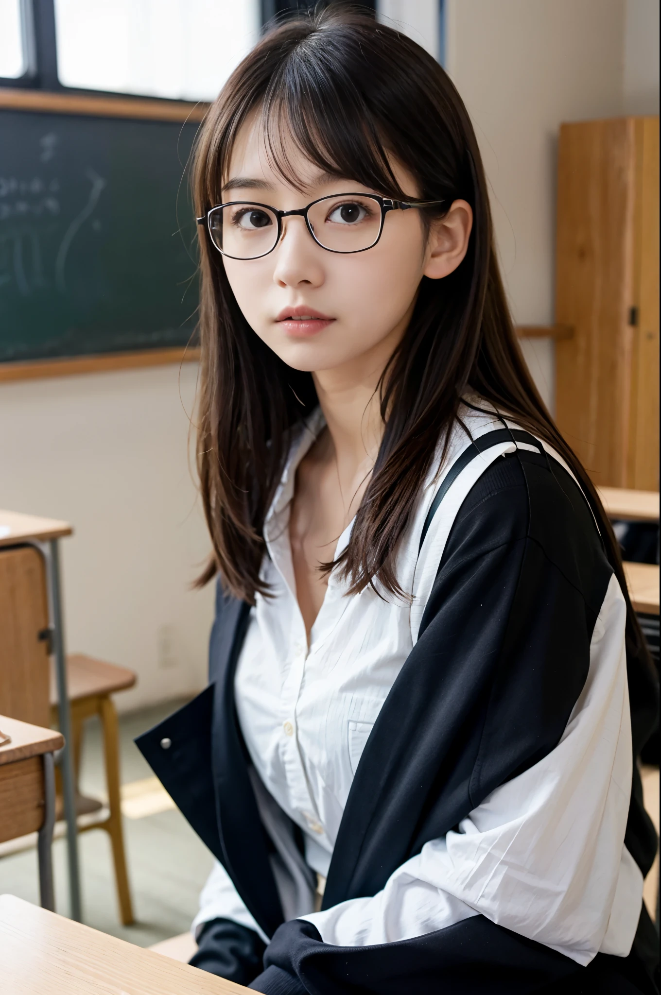 8K、Top image quality、​masterpiece、夏天、Japanese high school girl meets friends in classroom。She was surprised、Black-rimmed square glasses、blazers、a miniskirt、lowfers、Short Bob、sideshot、Detailed eyes