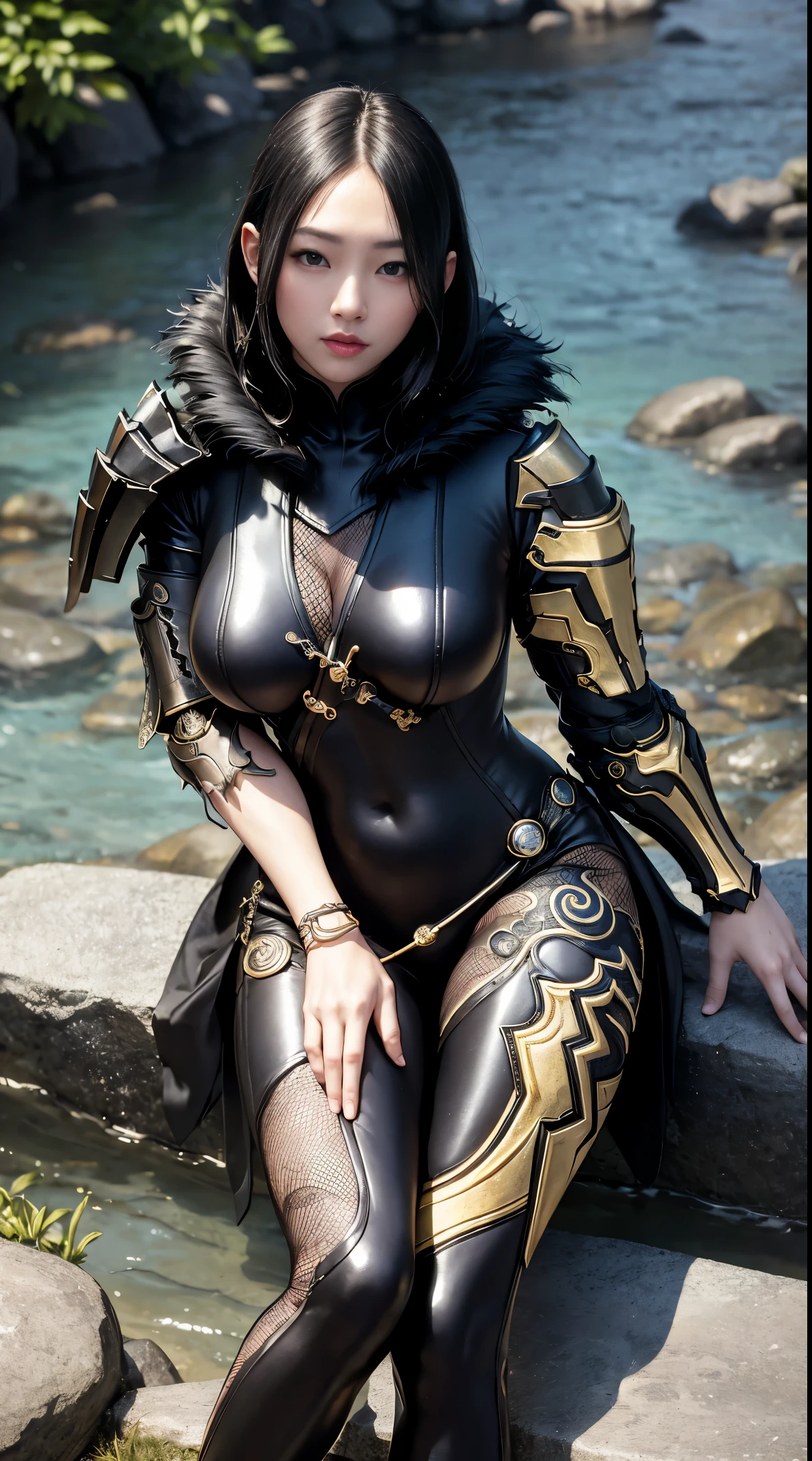 masterpiece, best quality,   jinsoyun, black bodysuit, shoulder armor, fishnet, single gauntlet, bracelet, large breasts, sitting, from above, river, boulder, on ground, looking at viewer, from above